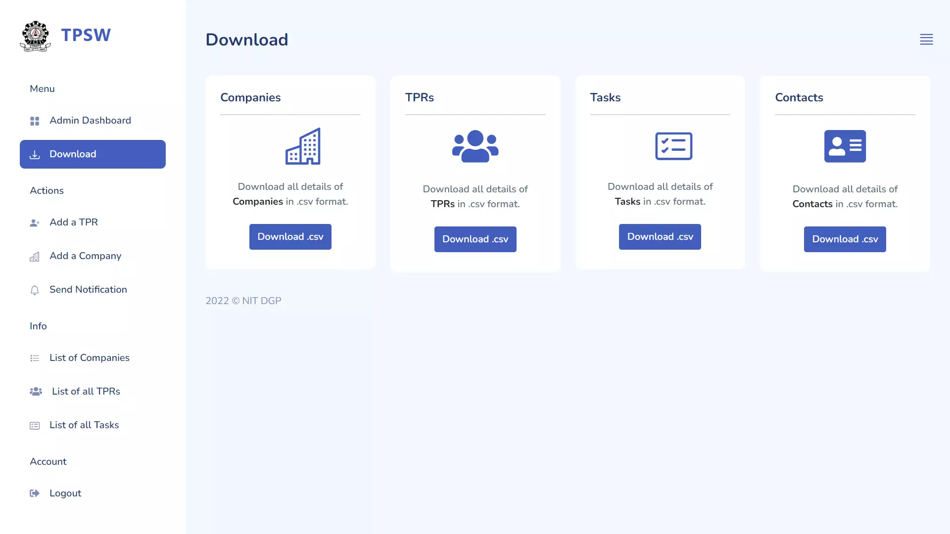 This is download tab where the admin can download current database of the companies, placement coordinators, tasks and point of contacts in .csv format.